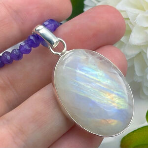 Rainbow Moonstone Pendant Necklace Pure Sterling Silver 925 Boho Southwest